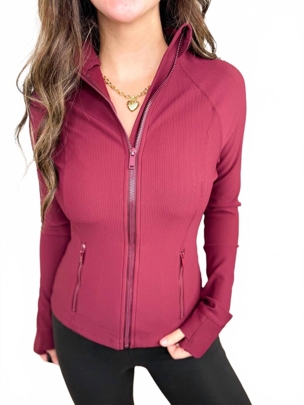 NEW RAE MODE ribbed long sleeve zip up jacket in wine red